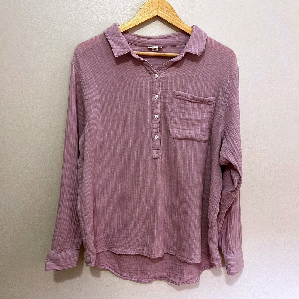 a.n.a 100% Cotton Long Sleeve Quarter Button Lilac XL Gauze Henley Tunic Top